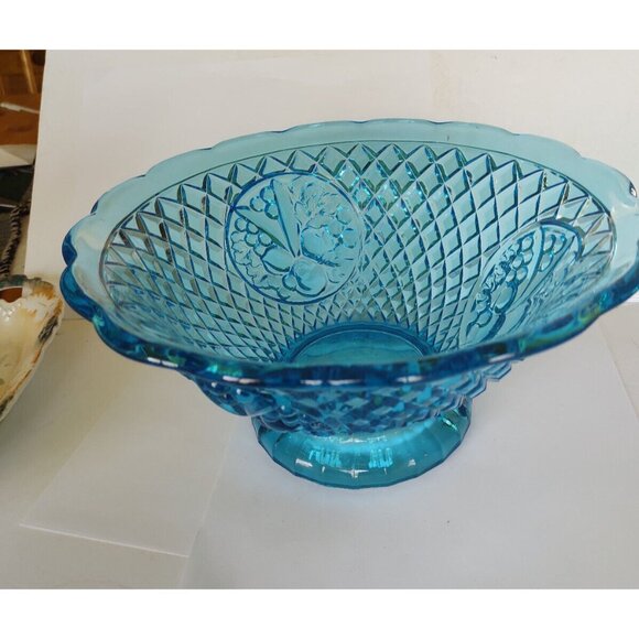 Vintage Aqua Blue Waffle Della Robbia Fruit Panel Glass Punch or Serving Bowl - Picture 4 of 16